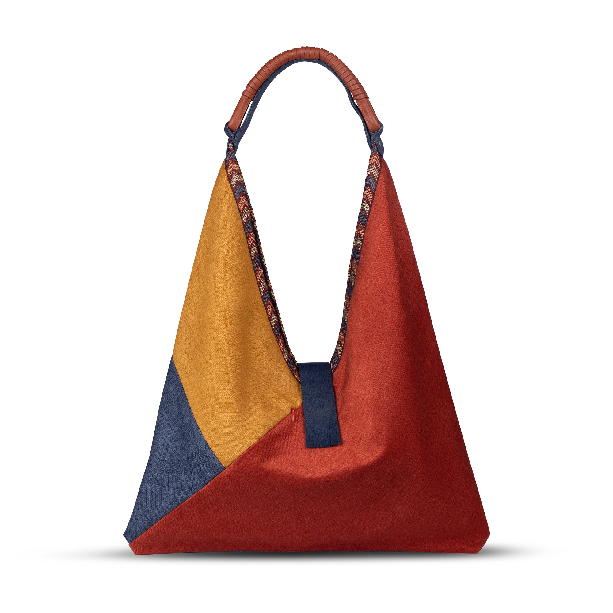 Foldable Jigsaw tote bag with a patchwork design in various colors