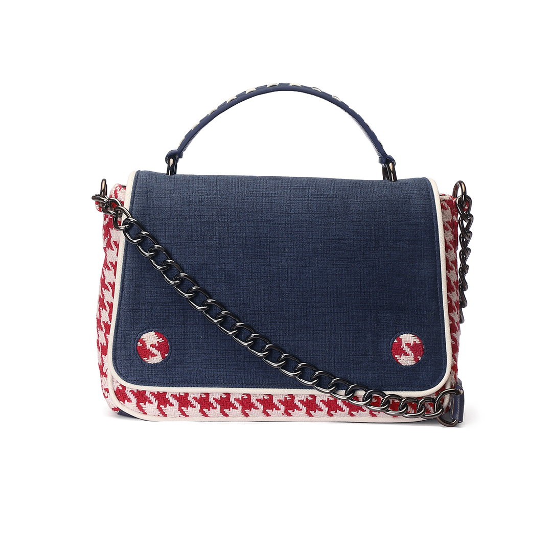 Handbag In Houndstooth Cotton Fabric With Double Handle