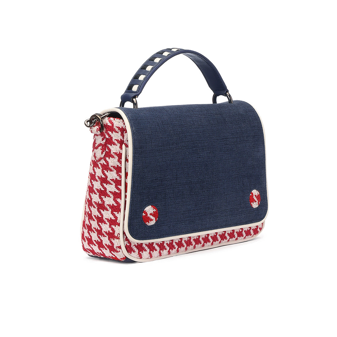 Handbag In Houndstooth Cotton Fabric With Double Handle