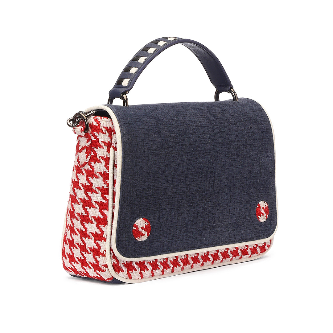 Handbag In Houndstooth Cotton Fabric With Double Handle