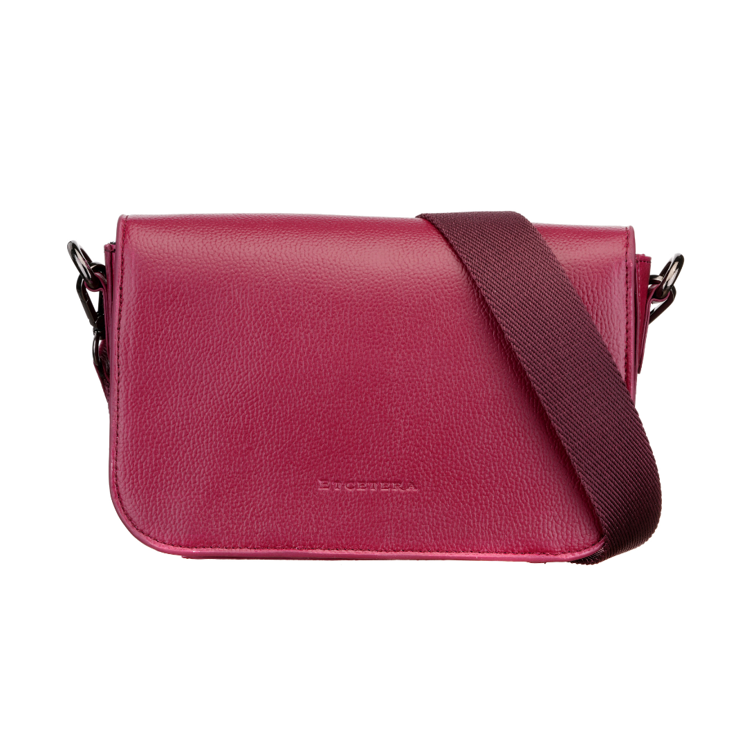 Etcetera Markcross crossbody bag in wine-red leather with flap and wide adjustable strap in matching burgundy.