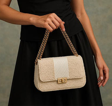 Trendy small shoulder bag styled with a chic dress
