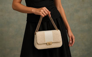Trendy small shoulder bag styled with a chic dress