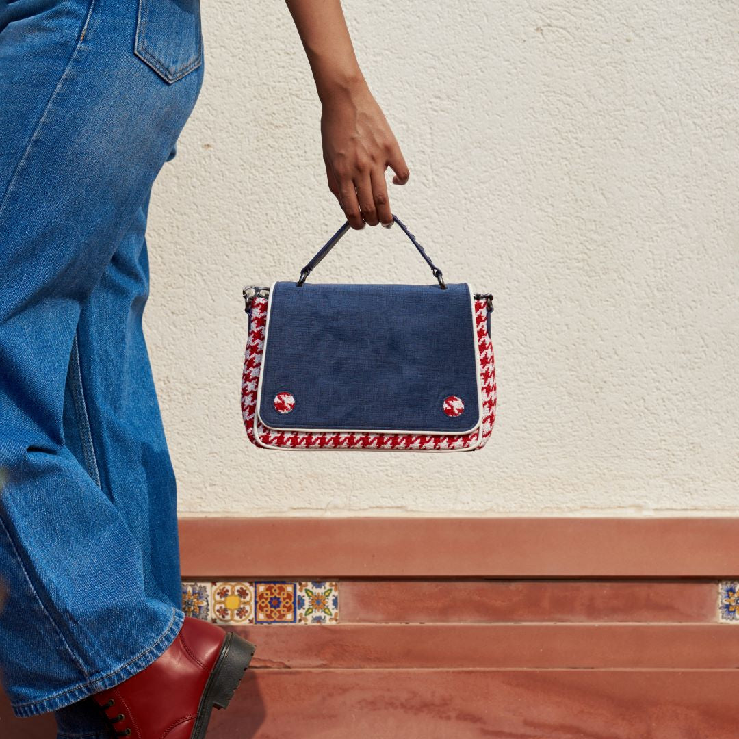 Handbag In Houndstooth Cotton Fabric With Double Handle