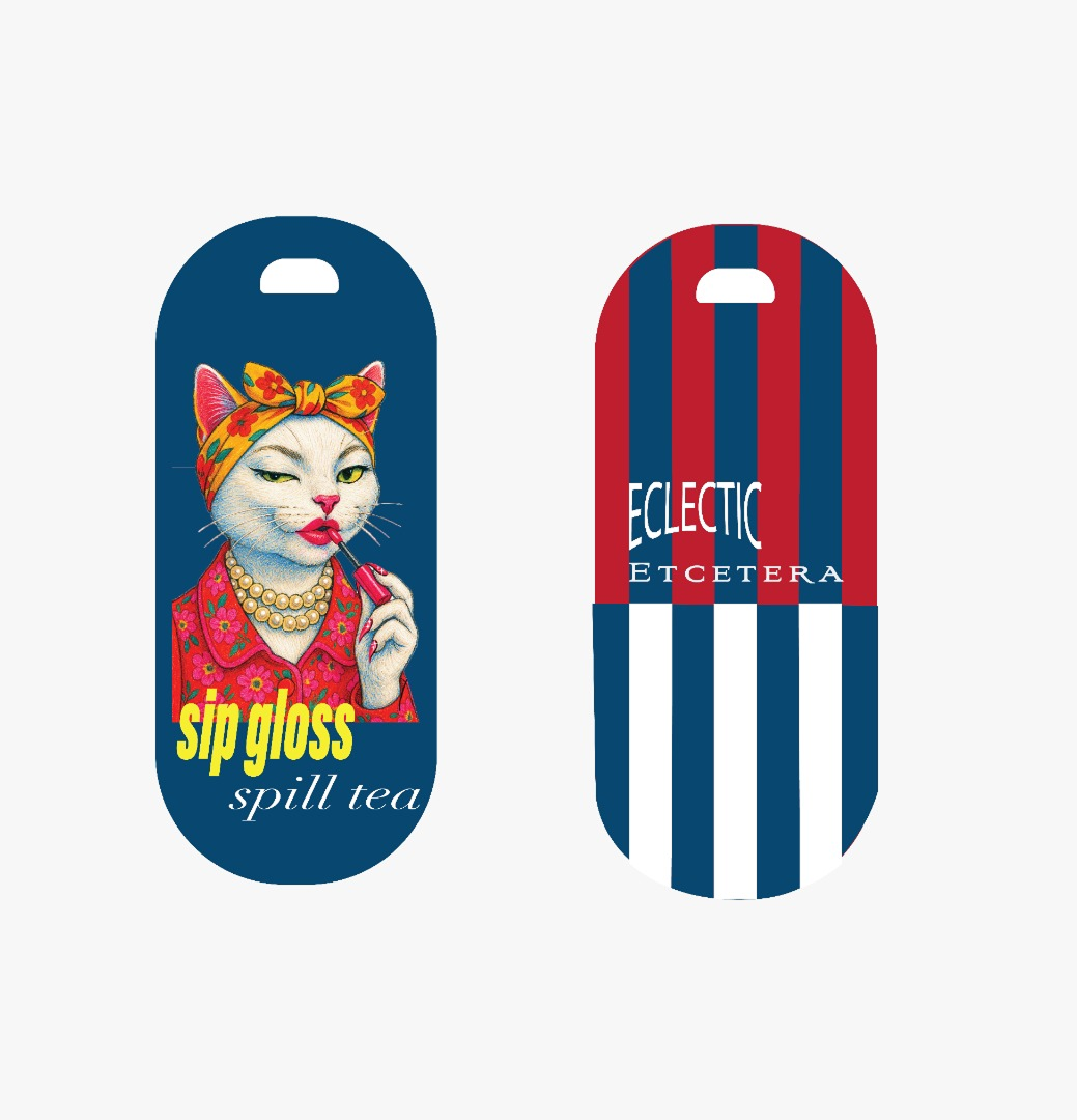 Sip Gloss. Spill Tea Leather Navy Blue Tag